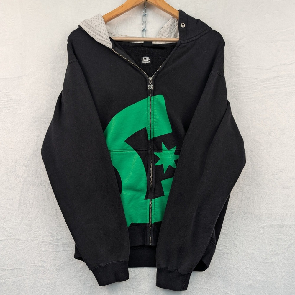 VTG DC Shoes Hoodie Men's L Black Green Full Zip Skateboarding Streetwear Y2K